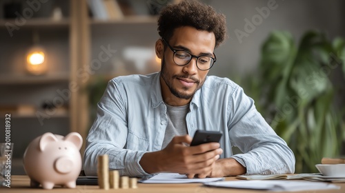 Young professional saving money and managing personal finance on smartphone banking app