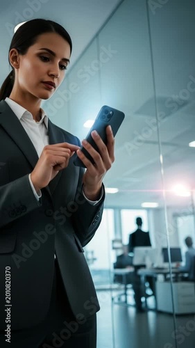Professional business woman using a modern smartphone for corporate communication in this high quality business digital animation video