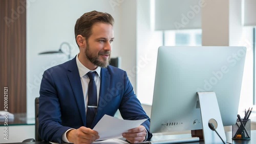 Professional businessman in blue suit works on computer while holding important paper documents in this business video