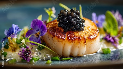 Exquisite Seared Scallop with Caviar and Herbs / ハーブソースをあしらったジューシーなキャビアのせホタテのアップ