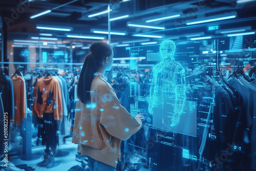 Woman shopping in high tech futuristic clothing store choosing outfit from holographic displays. Smart stylist.
