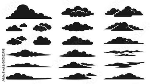 Solid black cloud silhouettes and flat weather shape elements vector graphics collection isolated on white