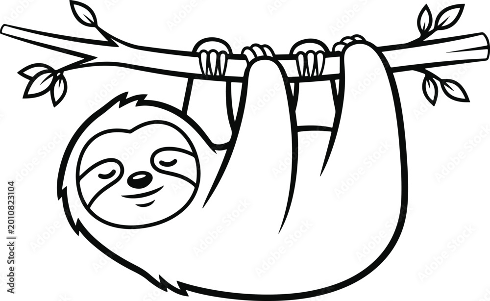 Fototapeta premium Cute Cartoon Sloth Hanging From Tree Branch