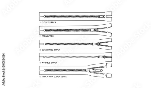 Konstfotografi Zipper Fasteners Technical CAD Drawing Set Black and White Vector Template
