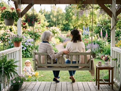 Two women relax on a wooden porch swing, enjoying a vibrant summer garden while a child plays.
