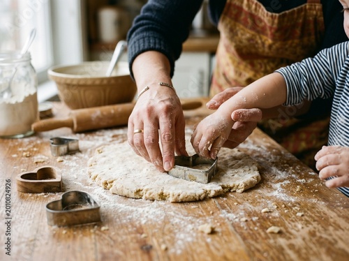 An adult and child's hands work together, pressing cookie cutters into dough on a floured wooden kitchen table.