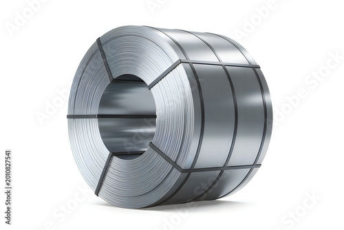 Large industrial coil of rolled sheet metal secured with black straps