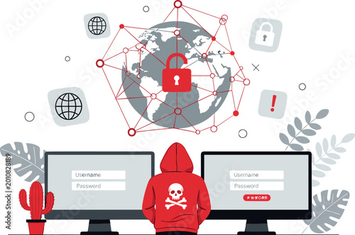 Cyber Security Hacker Attack Vector Illustration Featuring Data Protection Network Privacy and Online Threat Concepts