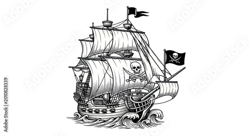 Foto Vintage Pirate Ship with Jolly Roger Flags Sailing on Wavy Sea, Hand-Drawn Sketc