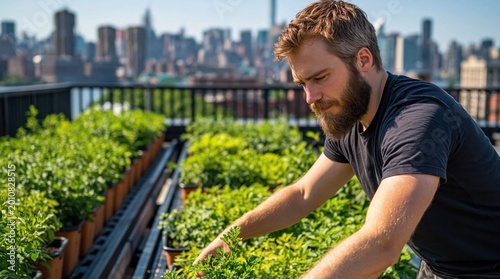 Rooftop urban gardening man city skyline sustainable farming ideal for sustainability and eco-living content.