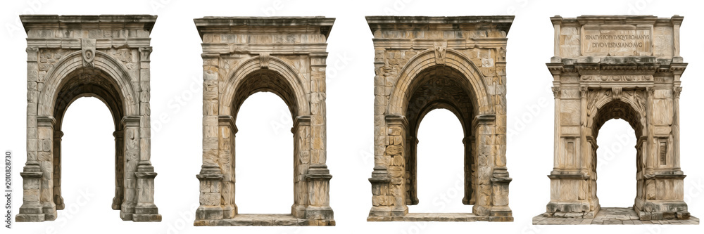 Fototapeta premium Set of Majestic Ancient Stone Triumphal Arches Isolated on White Background, PNG