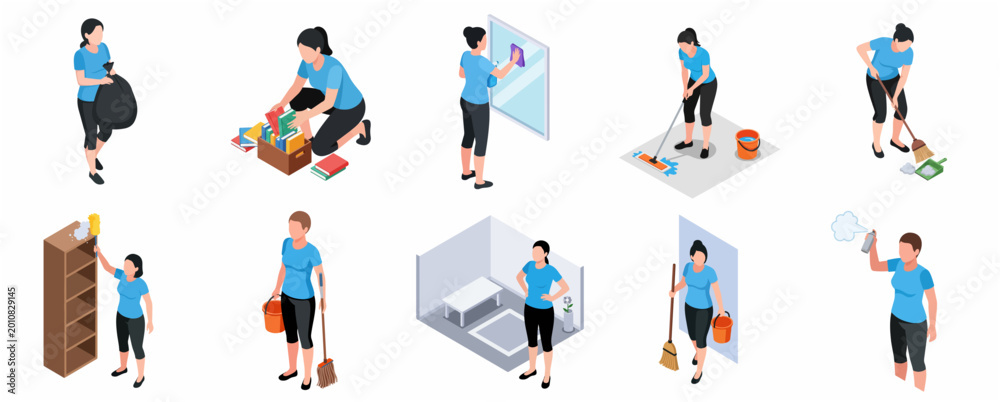 Fototapeta premium Isometric Illustration of a Woman Character Performing Various Cleaning and Housekeeping Tasks Set