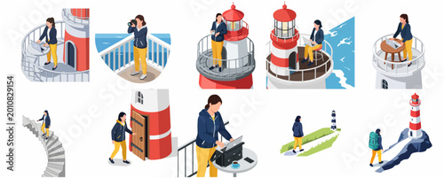 Isometric Set of Female Digital Nomad Working Remotely and Exploring a Lighthouse Seascape