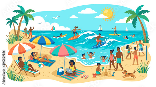 A vibrant beach scene with people relaxing on the sandy shore, playing in the waves, and enjoying the sunshine under a clear blue sky with palm trees and colorful umbrellas.