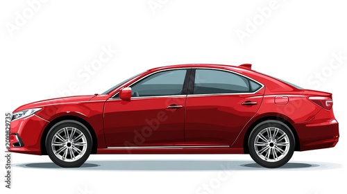 Red sedan car side view on white background