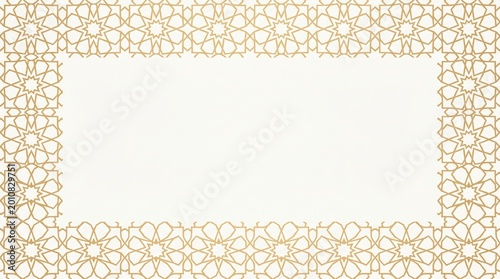 Luxury Islamic geometric frame background with gold ornament border and white copy space, elegant Ramadan Eid invitation design