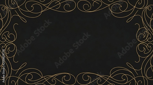Elegant black background with thin gold ornamental frame, luxury vintage swirl border design with empty copy space