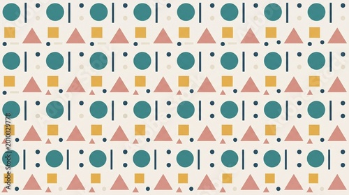 Seamless flat vector geometric pattern with circles, triangles and squares, clean retro abstract background design