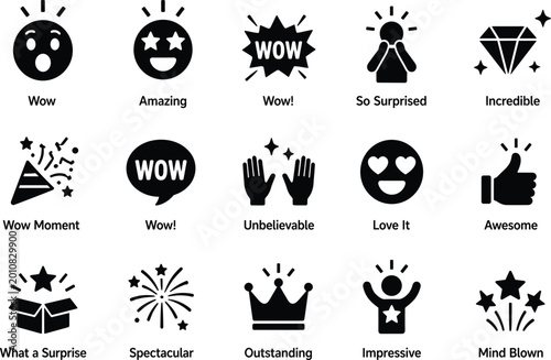 Wow Reaction Solid Black Icon Set