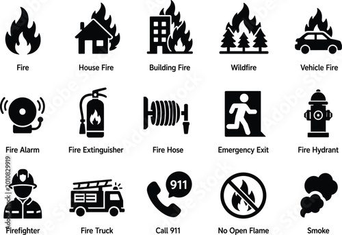 Fire Emergency Solid Black Icon Set