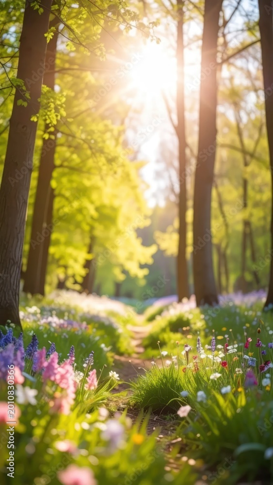Obraz premium Sunlit path through a lush forest, wildflowers bloom, bright light peeks through trees