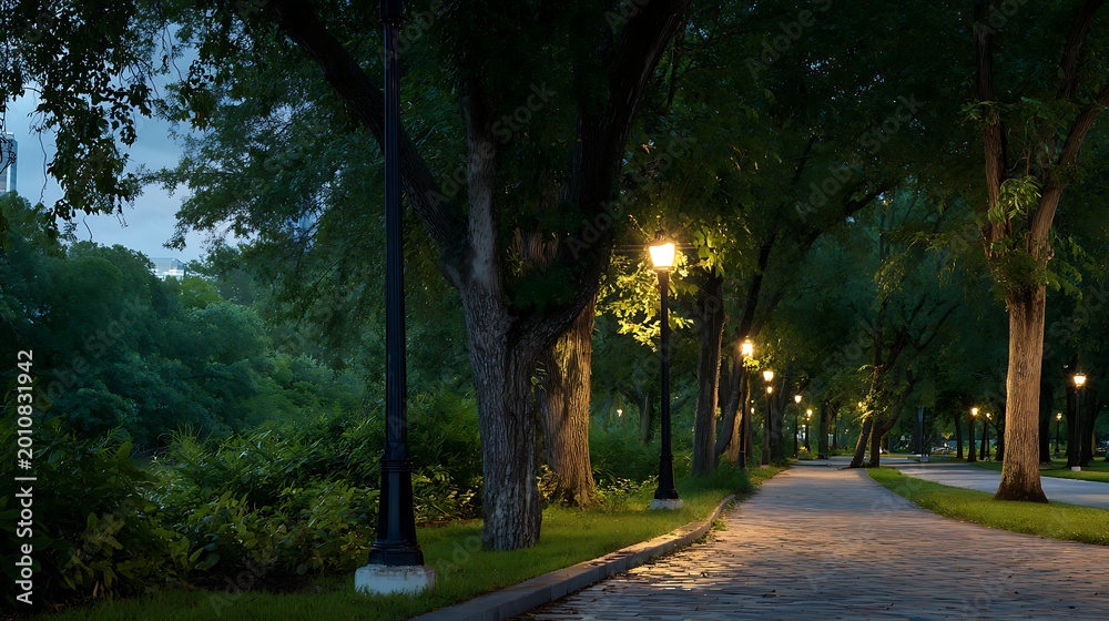 Fototapeta premium Atmospheric Park Pathway Illuminated at Night / 夜間に優しくライトアップされた幻想的な公園の小道