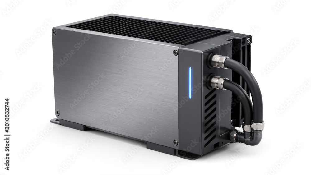 Fototapeta premium Minimalist portable liquid cooling unit for edge computing and small business servers isolated on white background