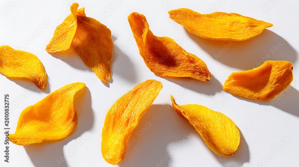 Naklejka premium Vibrant Yellow Dried Mango Slices Background / 鮮やかな黄色をしたみずみずしいドライマンゴースライス