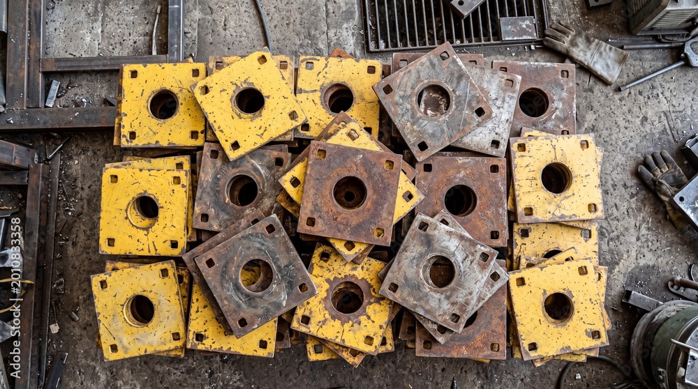 Fototapeta premium Industrial Metal Plates with Bolt Holes in a Workshop Environment.