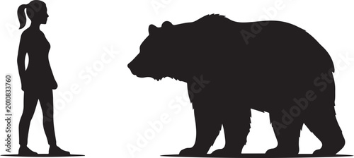 Tableau sur toile Black Silhouette of a Woman and a Large Grizzly Bear Side by Side for Size Compa