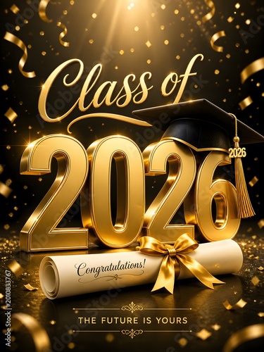 Vertical Class of 2026 graduation poster with gold numbers and cap