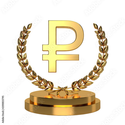 Golden Ruble Symbol with Laurel Wreath on Pedestal