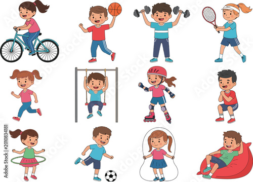 Collection of children engaged in diverse recreational activities including cycling running jump roping playing soccer cartoon illustration with jump rope outdoor recreation recreational activity