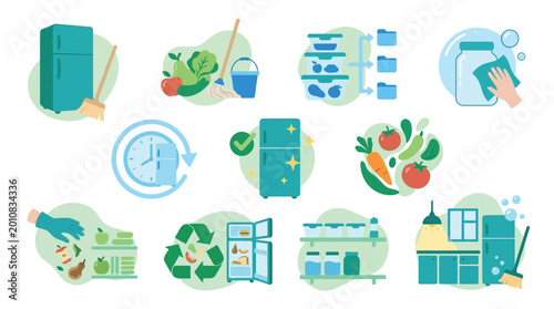 Canvas-taulu Set of icons representing kitchen hygiene, food storage, and cleaning routines for a healthy home environment