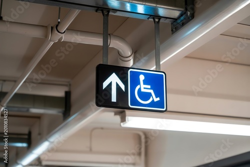 Illuminated Accessible Symbol and Up Arrow Sign for Directions Indoors, Modern Building Interior.