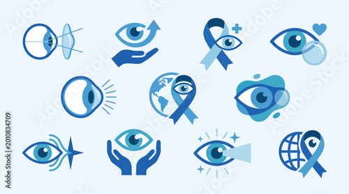 Obraz na płótnie Collection of blue eye-related icons representing vision care, eye health, and awareness campaigns