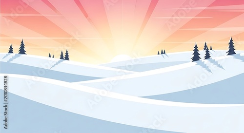 Winter Landscape with Snowy Hills and Trees.