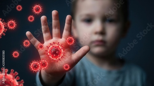 Hand, foot and mouth disease viral infection concept with red virus particle overlays on a child's hand.