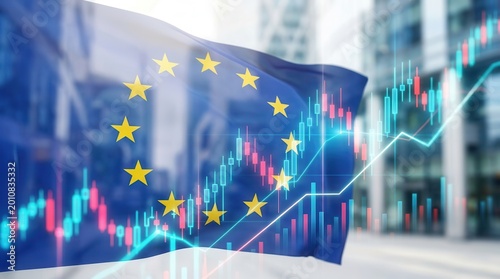 Financial trends in Europe represented by an EU flag and a bullish stock market graph.
