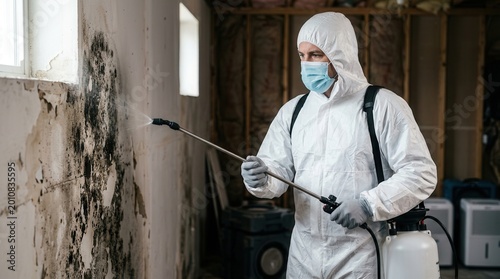 Mold remediation specialist in respirator testing black mold on a damaged wall.