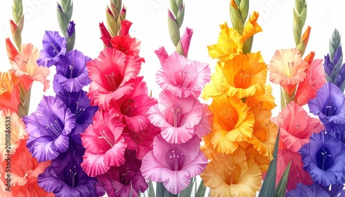 Vibrant Assortment of Gladiolus Flowers in Full Bloom.