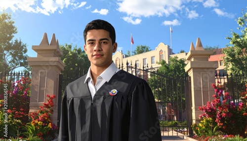 Young Man in Graduation Gown Standing Proudly in Front of University Gates.