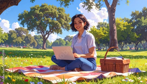 Young Woman Working on Laptop During a Sunny Picnic in a Park.