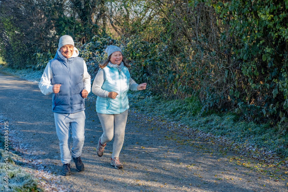 Fototapeta premium happy senior couple jogging on frosty path, cool weather, morning jog, active lifestyle, healthy enjoying active aging together sports, fitness during, healthier routine in nature, daily exercise
