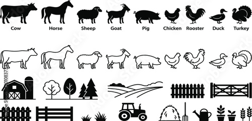 Foto Farm Animals and Agriculture Icons Set with Cow Horse Sheep Goat Pig Chicken Duc
