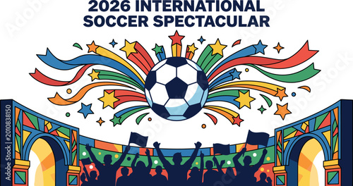 Foto International Soccer Spectacular Event with Soccer Ball and Celebrating Crowd
