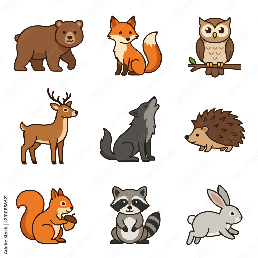 Obraz premium wildlife 9 clipart collection with different forest animal icon styles