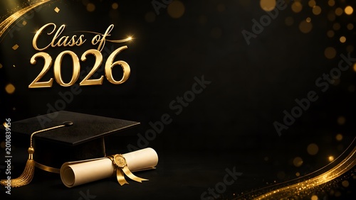 Class of 2026 black gold graduation banner with cap and diploma