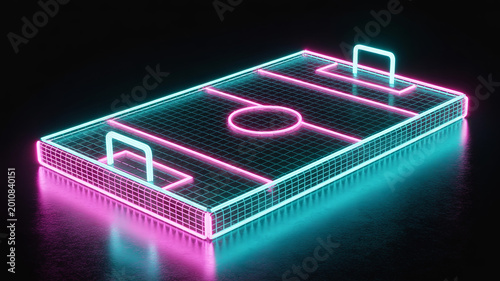 Air hockey table with glowing neon lights and a puck in the center, game room