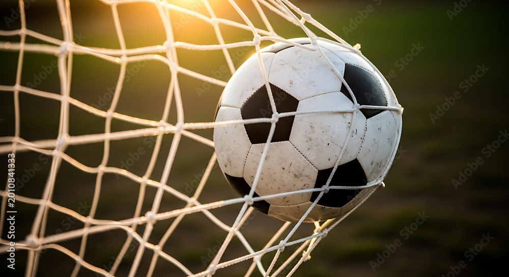 Naklejka premium Soccer ball in net, goal scored
